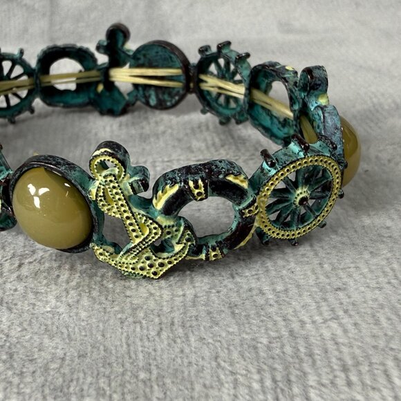 Nautical-Themed Stretch Bracelet Aged Patina Finish Tan Green Accents Distressed - Picture 6 of 16
